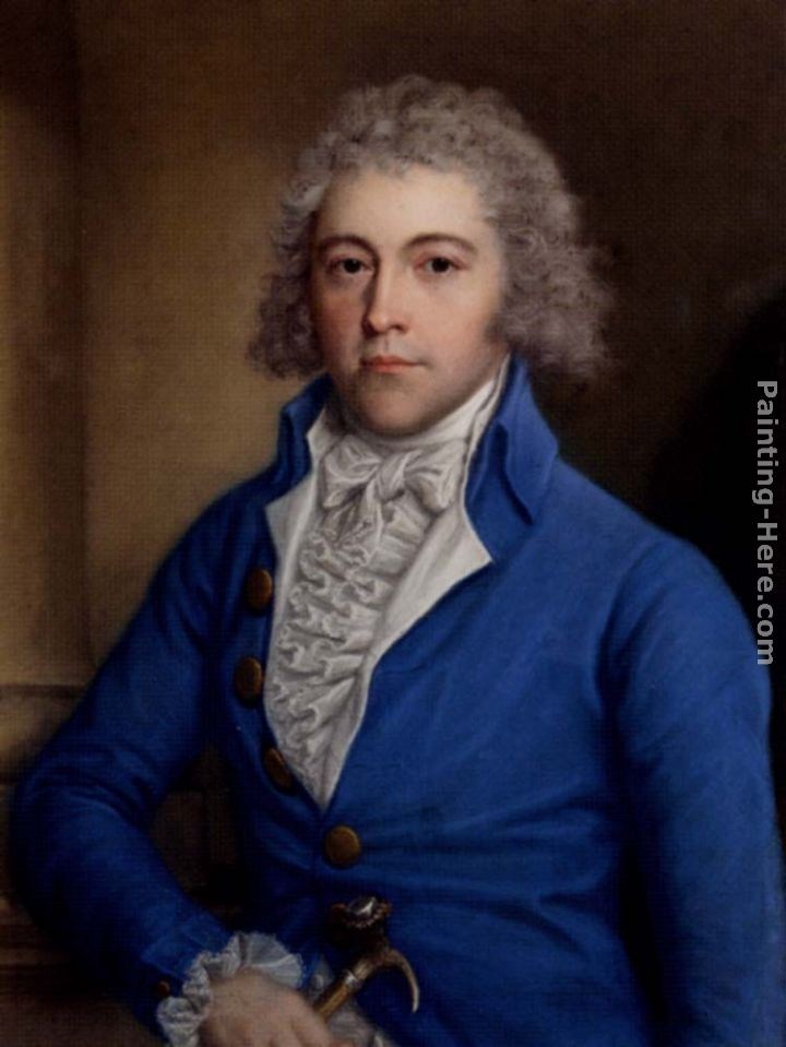 John Russell Portrait of a Gentleman, half-length, in a blue coat, holding a cane in his right hand